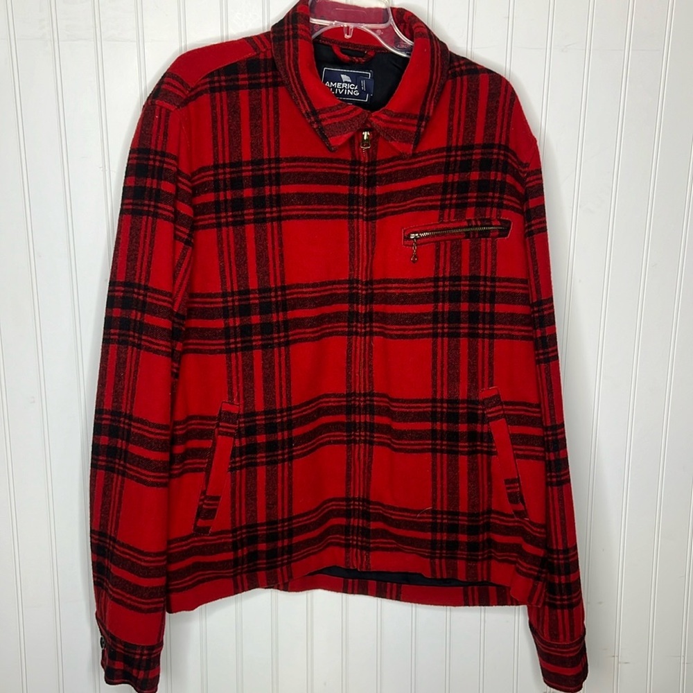 - American Living  Red Plaid Wool Blend Zip Up Jacket Size XL